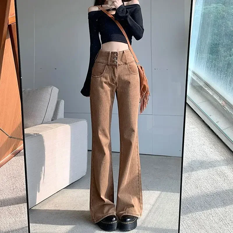 Flared Womens Jeans High Waist Shot with Pockets Pants for Women Brown Trousers Bell Bottom Flare Vibrant Harajuku Fashion Emo Z