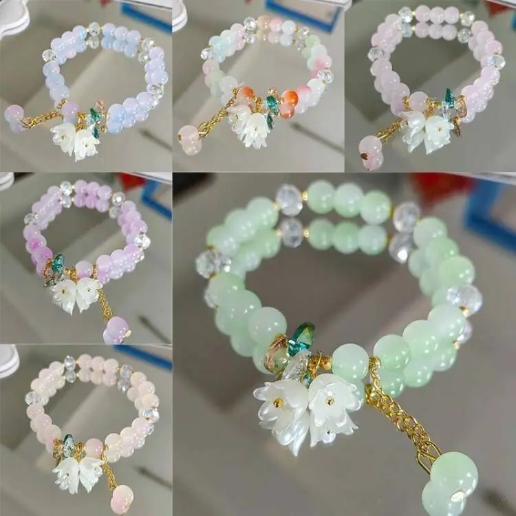 Cute Green Crystal Bead Bracelet for Women Trendy Lily Valley Flower Charm Elastic Adjustable Bracelet Wedding Birthday Jewelry