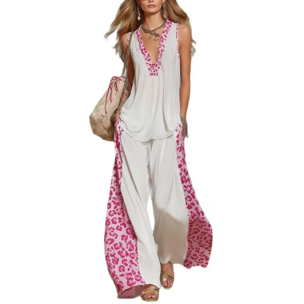 

Women's Two-piece Sleeveless V-neck Printed Wide-leg Pants 2026 Summer New Fashion Casual Loose Leopard Print Splicing Suit