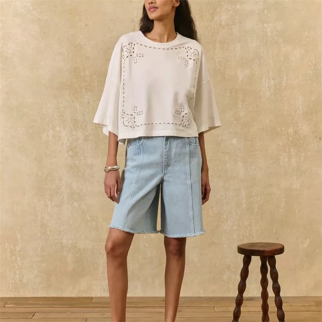 

LouisMisa Paris Soft Embroidered Hollow out Shoulder T-Shirt Women's Loose Fit Cotton Spring 2026 Breathable round Neck Shirt