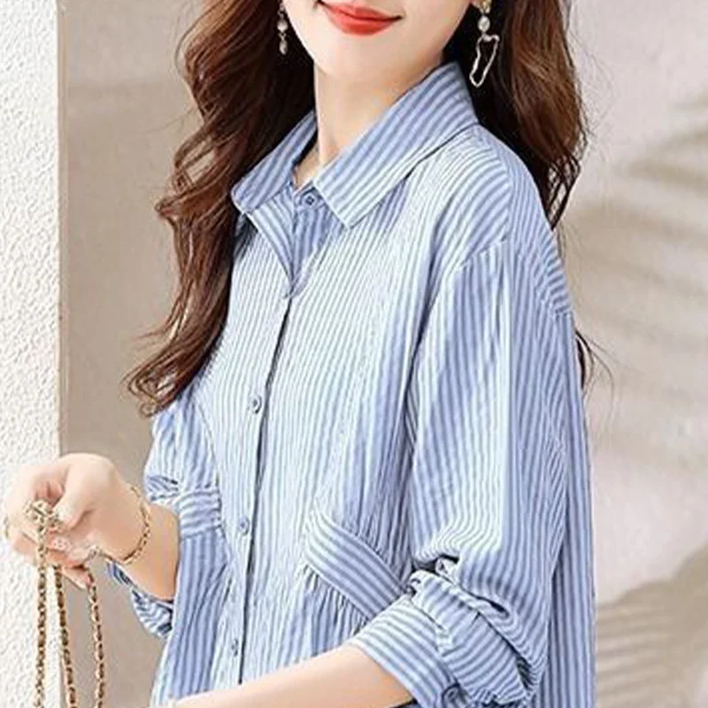 Large Size Striped Long Sleeved Printed Shirt for Women\'s Spring Autumn New Stylish Loose Slimming Belly Covering Versatile Top