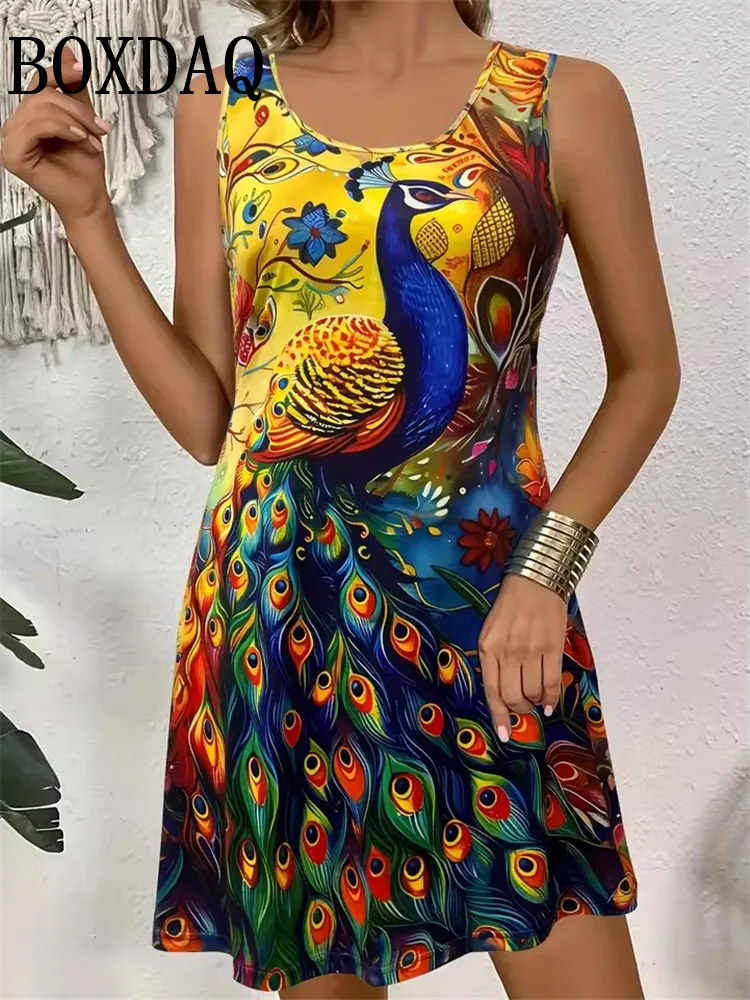 Women's Peacock Print Sleeveless Dress Summer Animal Pattern Vest Dresses A-Line Casual Wear Vacation Style Outdoor Loose Dress