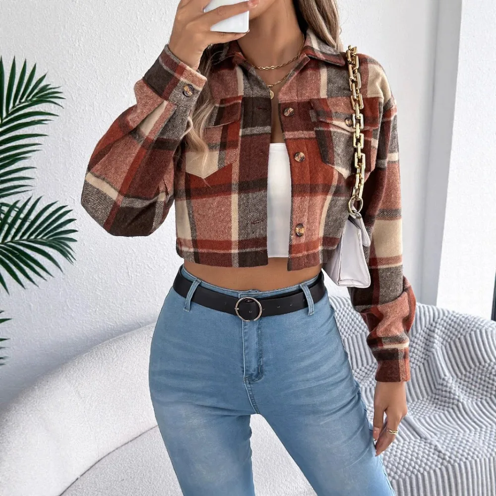 Women's Plaid Jacket Fashion Loose Long Sleeve Single Row Button Tops Short Jacket Cardigan Coats Shirts