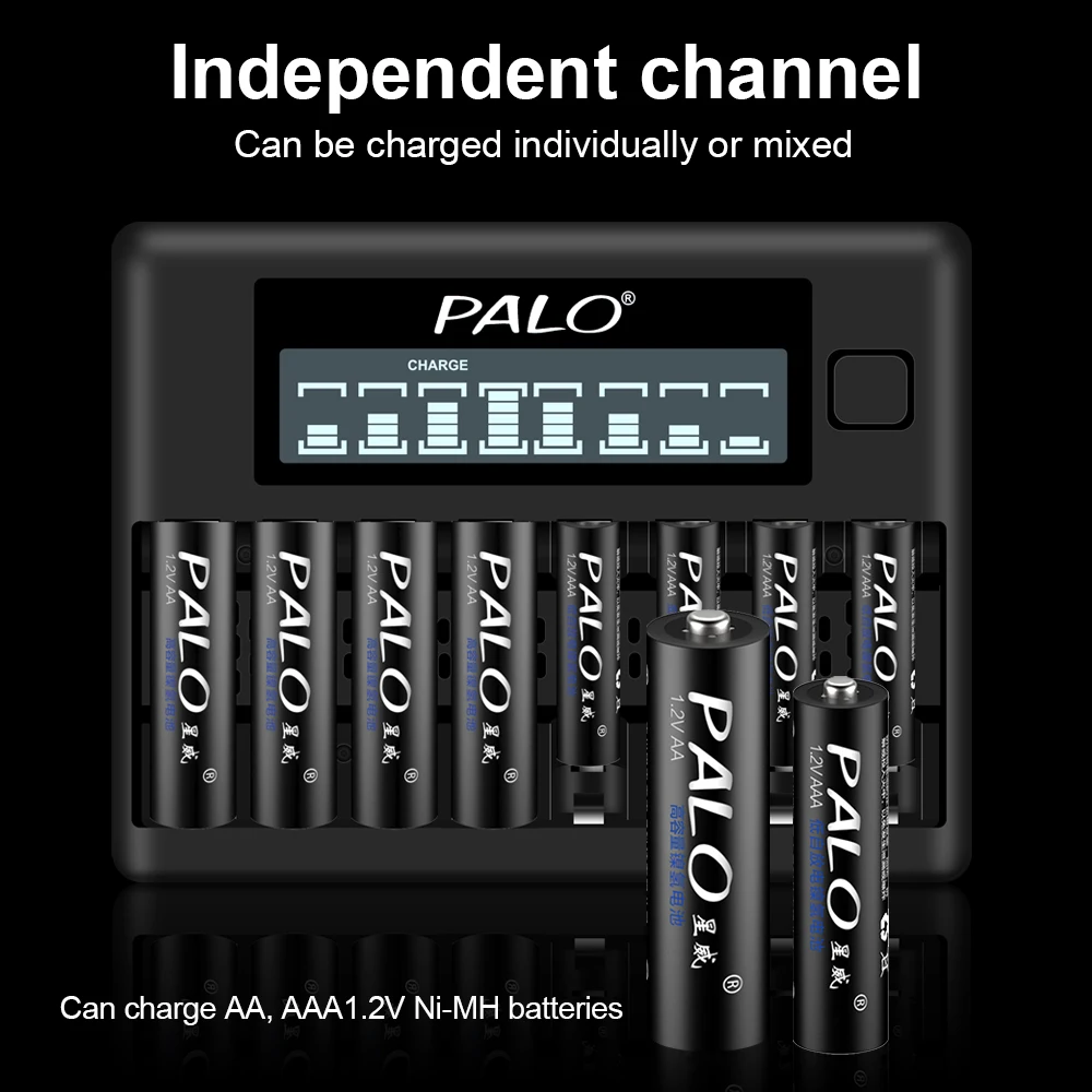 PALO 8 Slots LCD Smart AA Battery Charger For 1.2V AA AAA NI-MH NI-CD Rechargerable Battery 2A 3A Fast Charging USB Charger