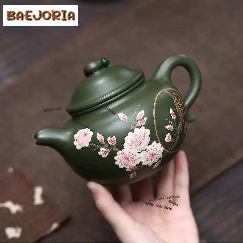 490ml Classic Yixing Purple Clay Teapots Handmade Clay Drawing Lotus Seed Pot Raw Ore Green Mud Tea Maker Kettle Zisha Tea Set
