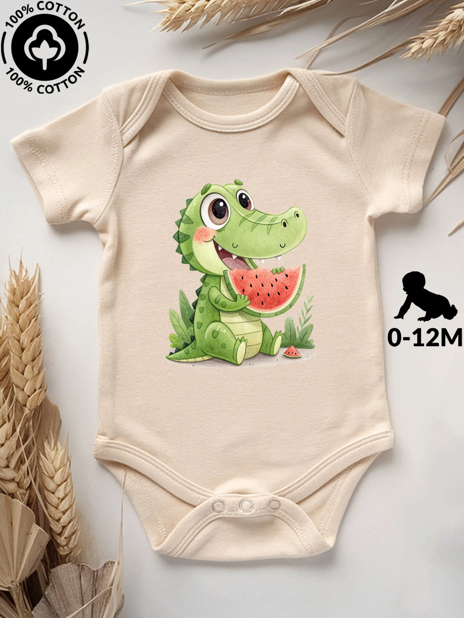 

Cute Alligator & Watermelon Unisex Baby Bodysuit, 100% Cotton Soft Onesie, All-Season Wear Beige Crawling Suit 190GSM