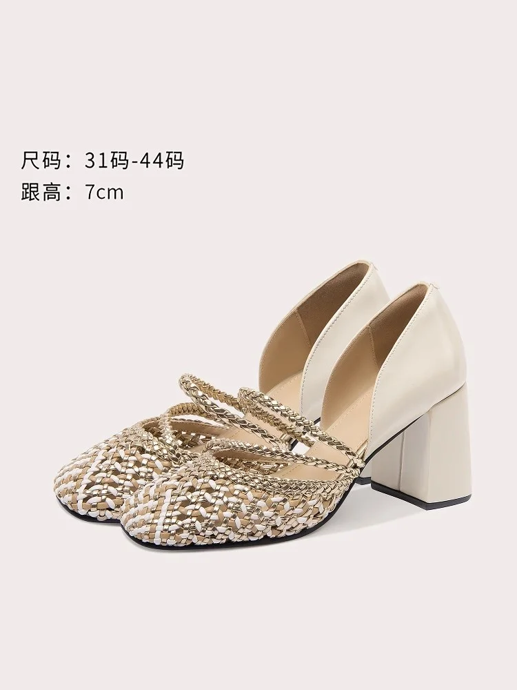 

Spring and summer new square toe shallow woven square heel shoes thin high heel banquet large size small size women's sandals