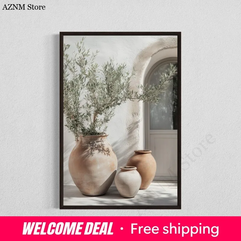 Minimalist Nature Botanical Olive Tree Pottery Poster Mediterranean Still Life Canvas Painting Wall Art Rustic Room Home Deco