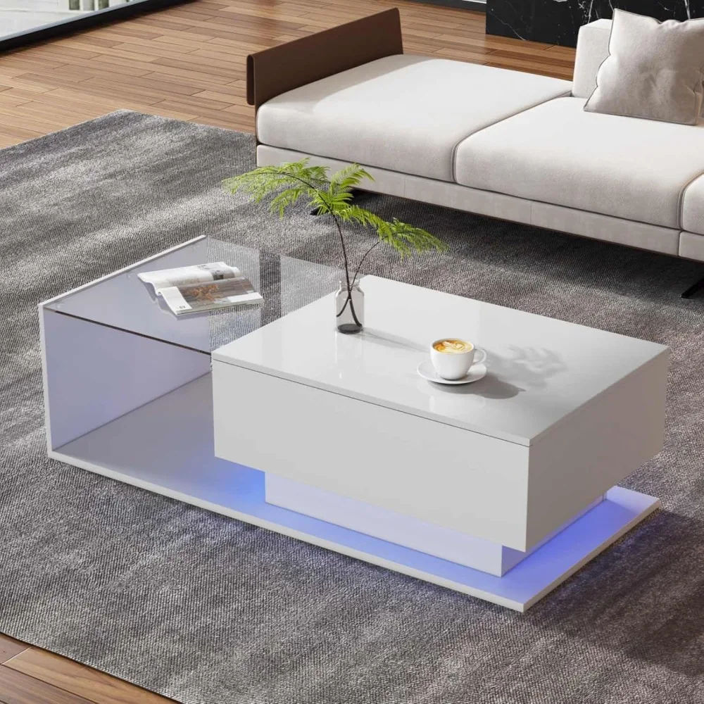 Table basse blanche avec plateau en verre et plateau brillant, table d'appoint LED avec tiroir, table basse moderne, meubles de salon (blanc)