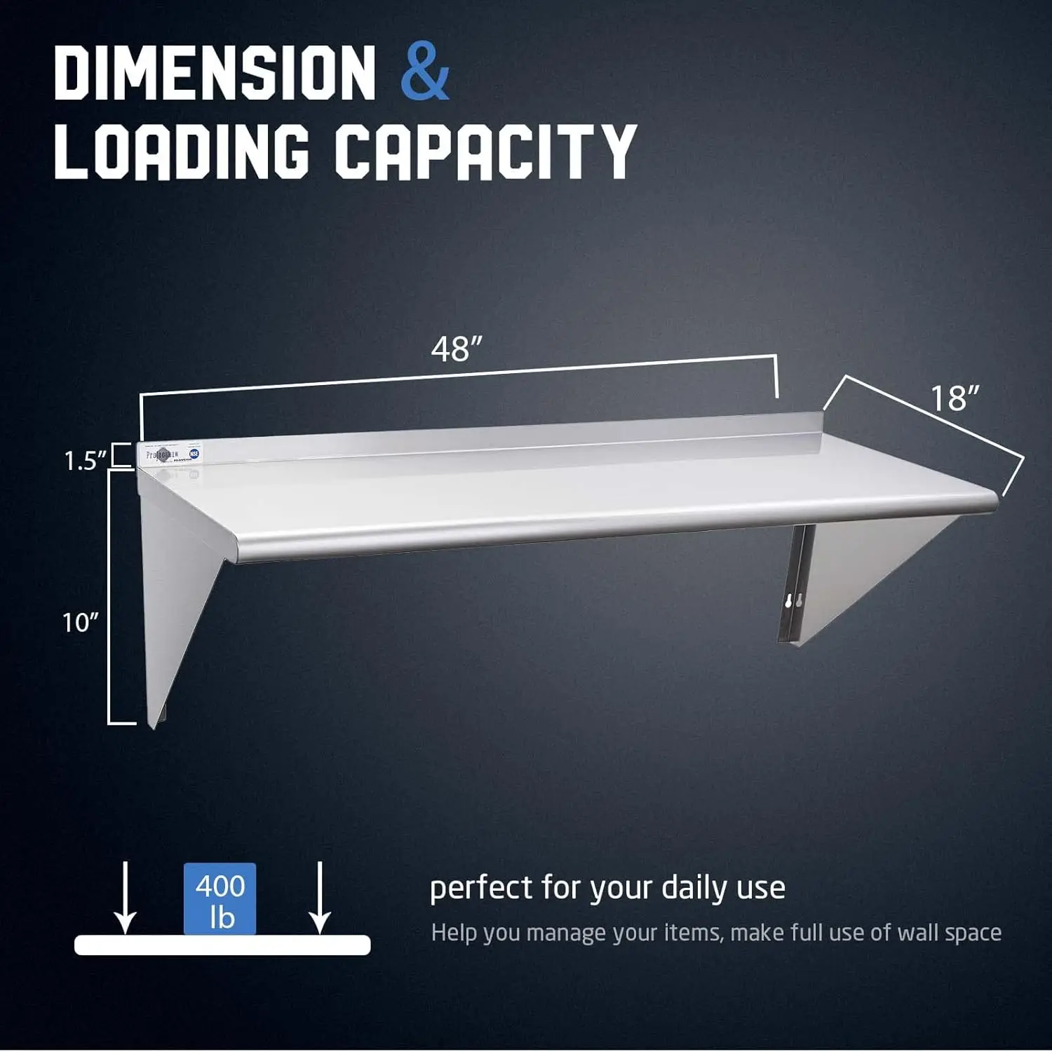 Profeeshaw Nsf Stainless Steel Shelf 18” X 48”, 400 Lb Commercial Shelves Wall Mounted Metal Shelving With Backsplash And 2