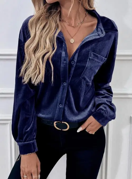 

Однотонный воротник, замшевая рубашка премиум-класса с длинными рукавами на пуговицах, осенняя женская элегантная и модная облегающая рубашка для поездок на работу