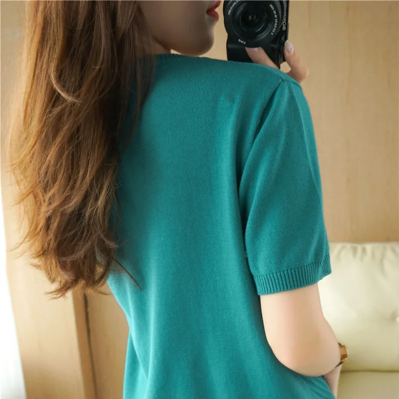 Women\'s T-Shirt Summer 100% Cotton Sweater Short Sleeve Solid Color V-Neck Ladies Tops Loose Blouse Basic Pullover Tees Pocket