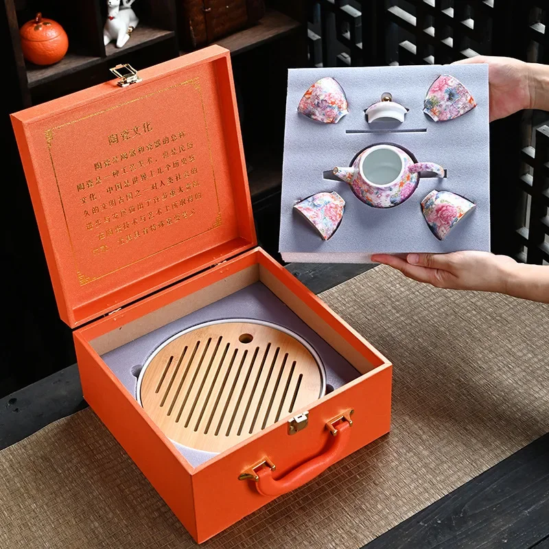 Wanhua enamel color tea set travel tea set, one pot and four cups with tea tray outdoor portable creative souvenir