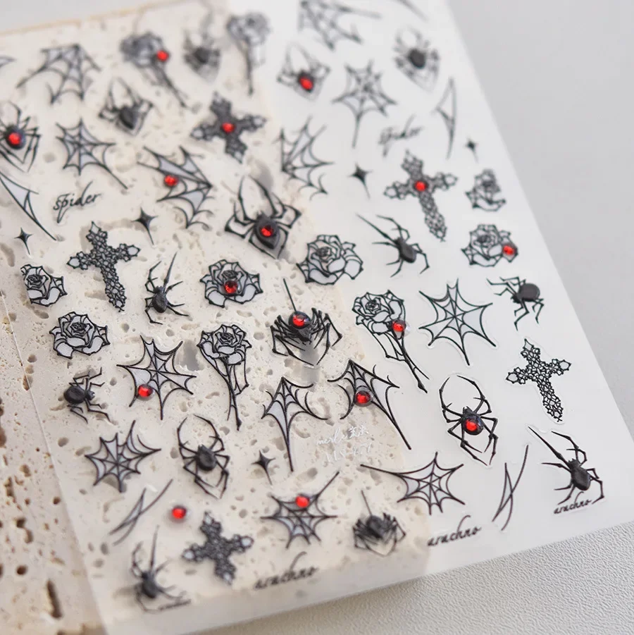 1pcs 5D Rhinestone Spider 3D Nail Art Stickers Cross Web Silver White Black Gothic Rose Adhesive Decals Halloween Nail Supplies