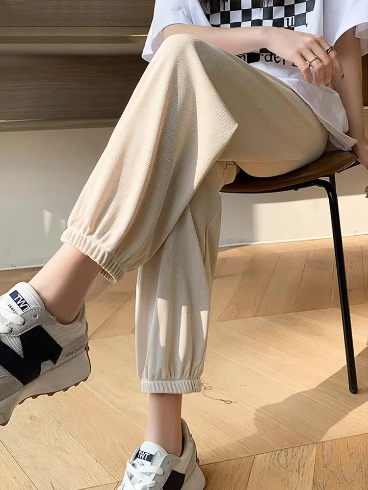 Pantaloni lanterna in seta di ghiaccio Pantaloni sportivi estivi sottili casual con risvolto allentato da donna Vita alta Miscela di poliestere e spandex a nove punti