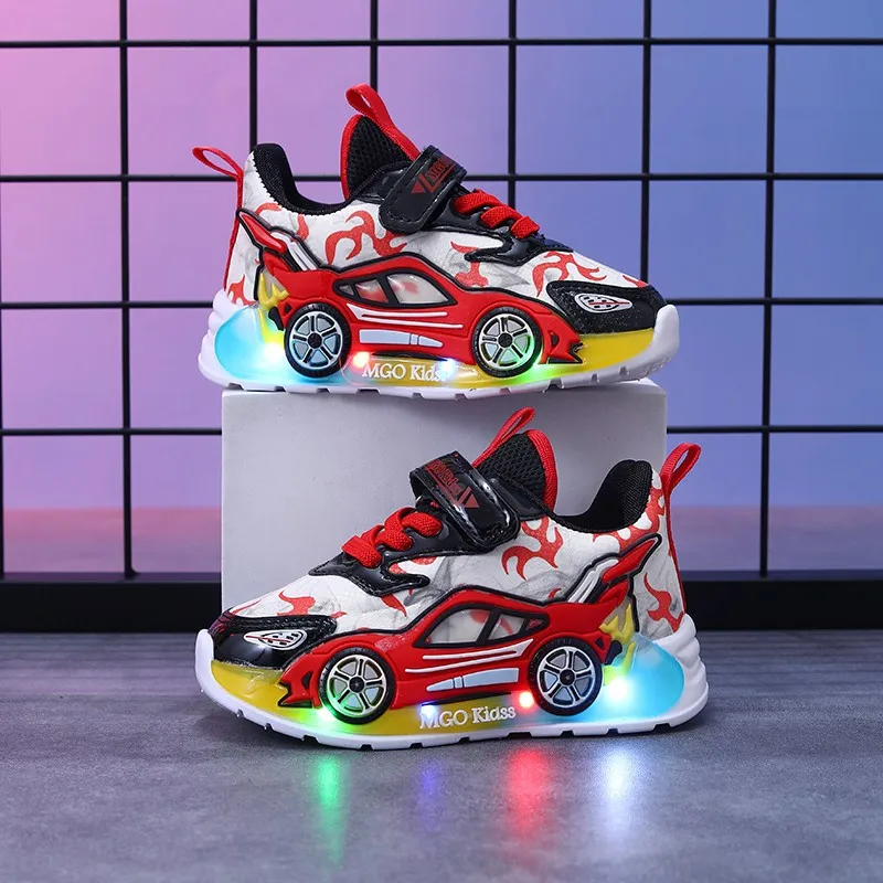 Kids'Casual Shoes Color Blocking Led Light PU Leather Fashion Spring Shoes For Children Anti-slip Blue Red Shoes Size 21-30