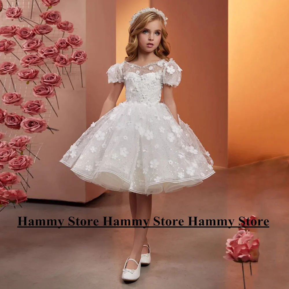 Yipeisha abiti da festa di nozze per bambini con fiori 3D paillettes maniche corte Scoop perline Flower Girl Dress abito da prima comunione