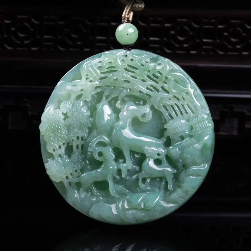 Natural A-grade jadeite Sanyang Kaitai thickened three-dimensional precision jade, Laogao ice jade pendant Jade Sheep Pendant