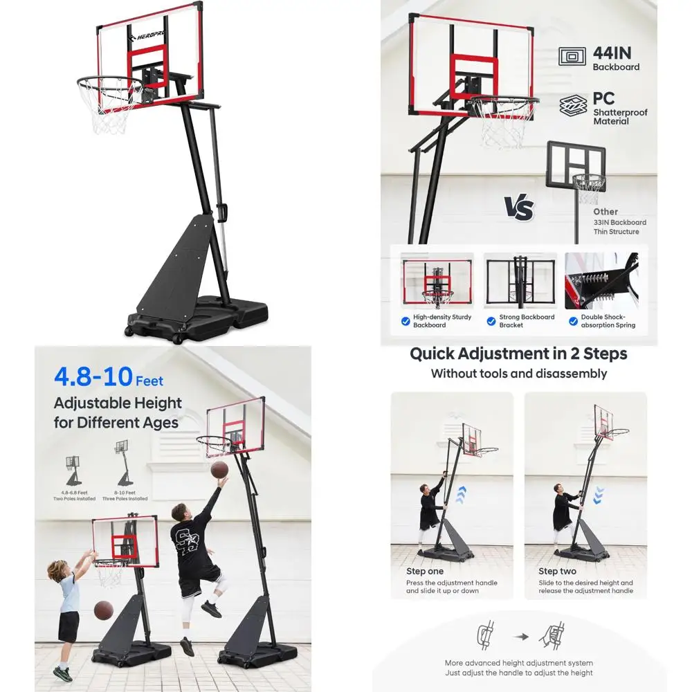調節可能な屋外バスケットボールフープ 4.8～10フィート、44インチの割れないバックボード、リバウンドプレート付きポータブルバスケットボールシステム