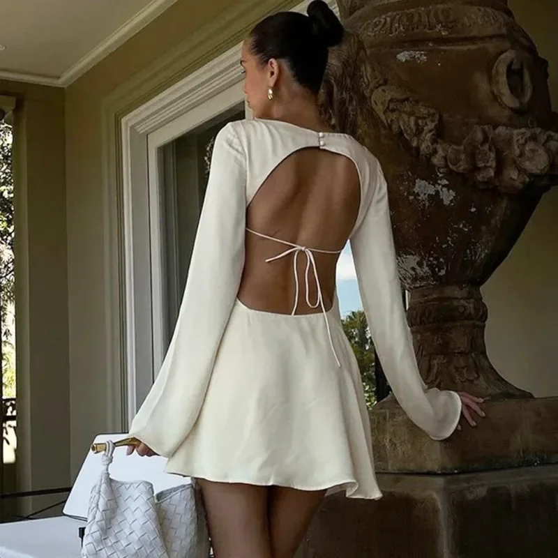 DINADD Abito senza schienale in raso Abito corto da donna sexy con lacci a maniche lunghe a trapezio Elegante abito da sera con scollo a barchetta