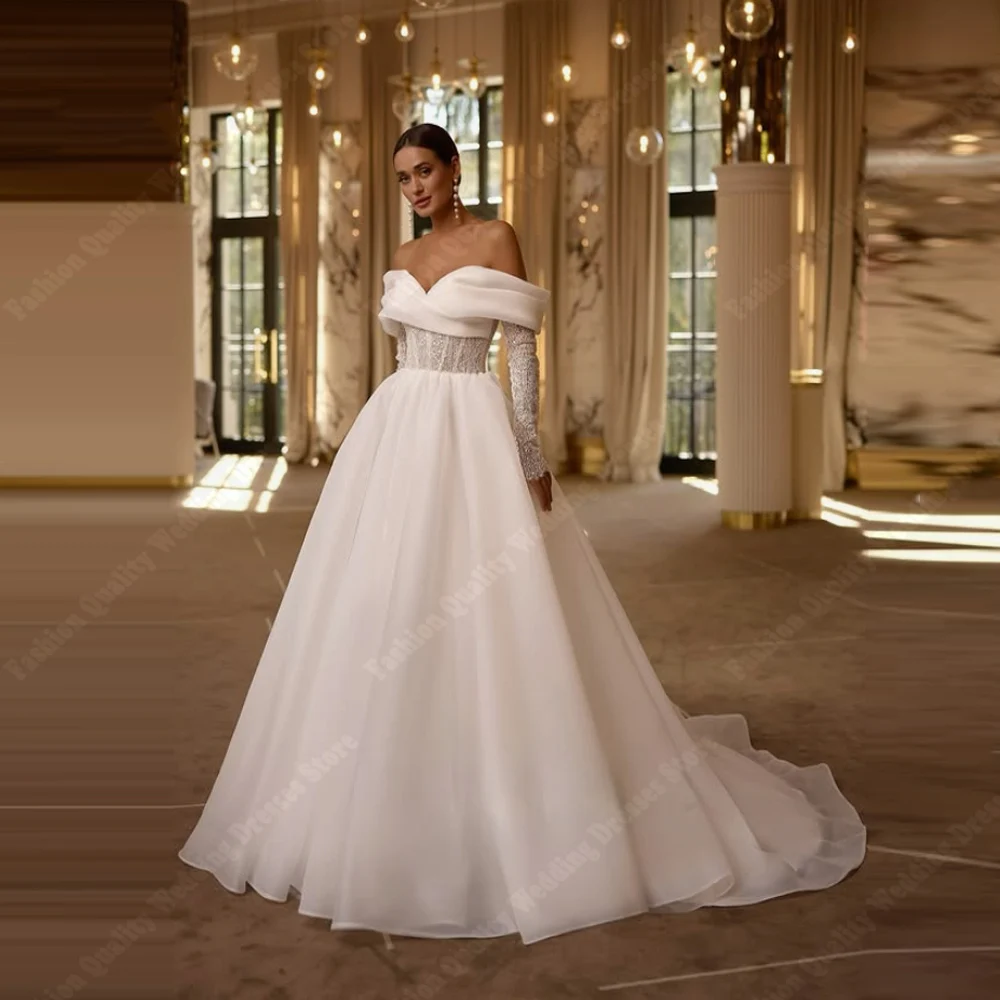 

Charming A-Line Women Wedding Dresses Off The Shoulder Long Sleeves Bridal Gowns Engagement Party Vestidos De Novias Customized