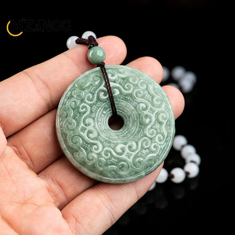 Authentic Natural A Goods Jadeite Bean Green Antique Ruyi Pattern Peace Buckle Jade Pendant Men\'s Pendant Women\'s Necklace