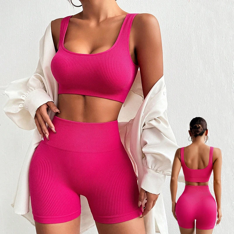 

Solid Color Women's Yoga Suit Set with Chest Cushion, Hip Lifting Sports Leggings , Outdoor Fitness Shorts,Gym Slim vest shorts