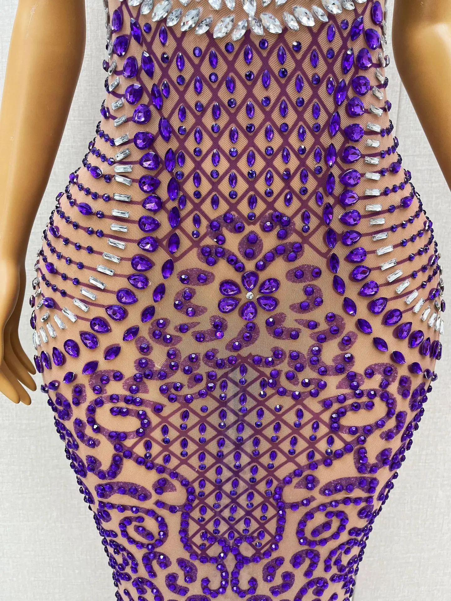 Women Luxury Purple Rhinestone Sexy Mesh Sleeveless Dress Sparkling Stage Performance Costume Club Evening Party Prom Dresses