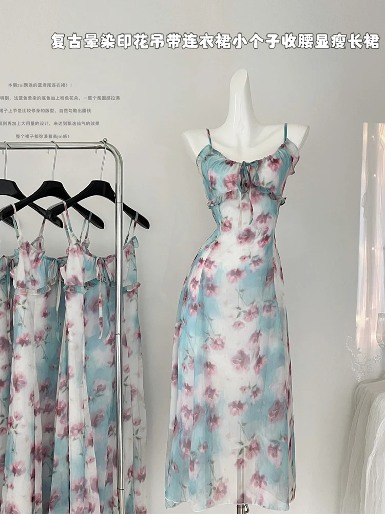 Summer Old Money Spaghetti Strap Floral Dress Women Romantic Maxi Frocks Vacation One-Piece Party Vintage Prom Gown Aesthetic