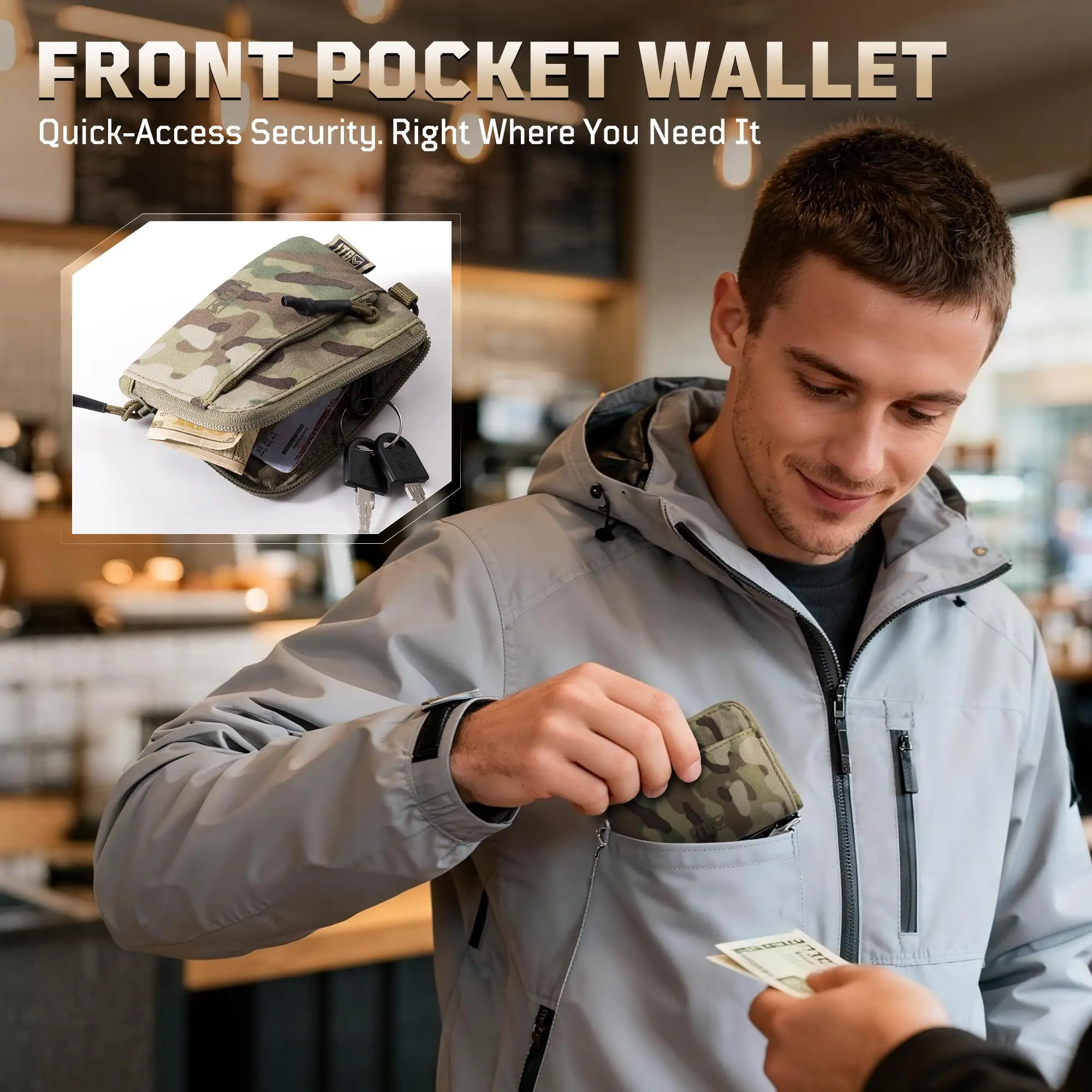 1TG Tactical Coin Pouch, 500D Nylon Zipper Wallet with ID Holder Compact coin purse Small EDC wallet for cash Hunting