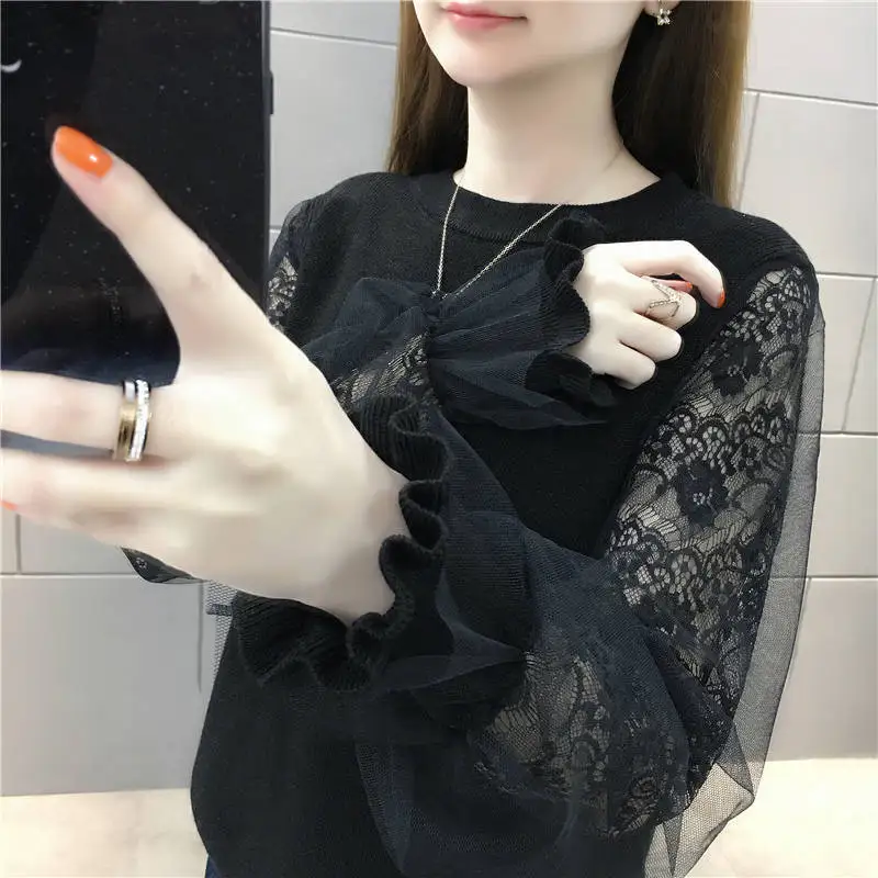 Woman Sweaters Mesh Lace Stitching Knitwear Short Sweater Women\'s Top Femme Chandails Pull Hiver