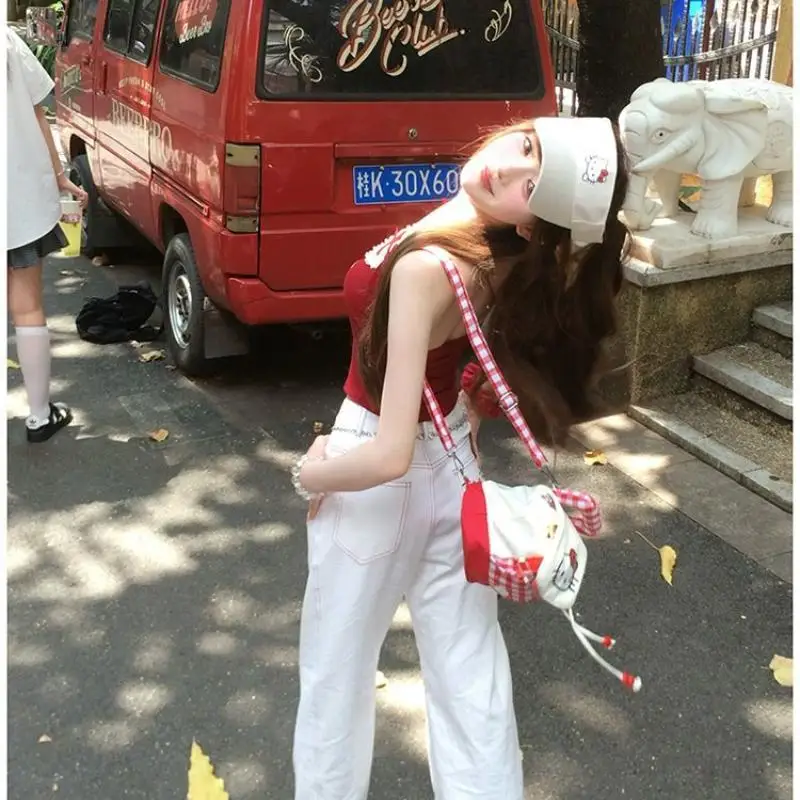 여자 귀여운 카와이 탱크탑 키티 Y2K 레이스 리본 캐주얼 스트랩 베스트 여성 의류 캐미솔 슬림 반팔 일본 스타일 핫
