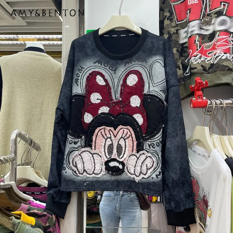 Y2k O-Neck Sudaderas Coat Heavy Industry Cartoon Patch Embroidery Long Sleeved T-shirt Hoodies Loose Casual Sweet Sweatshirt