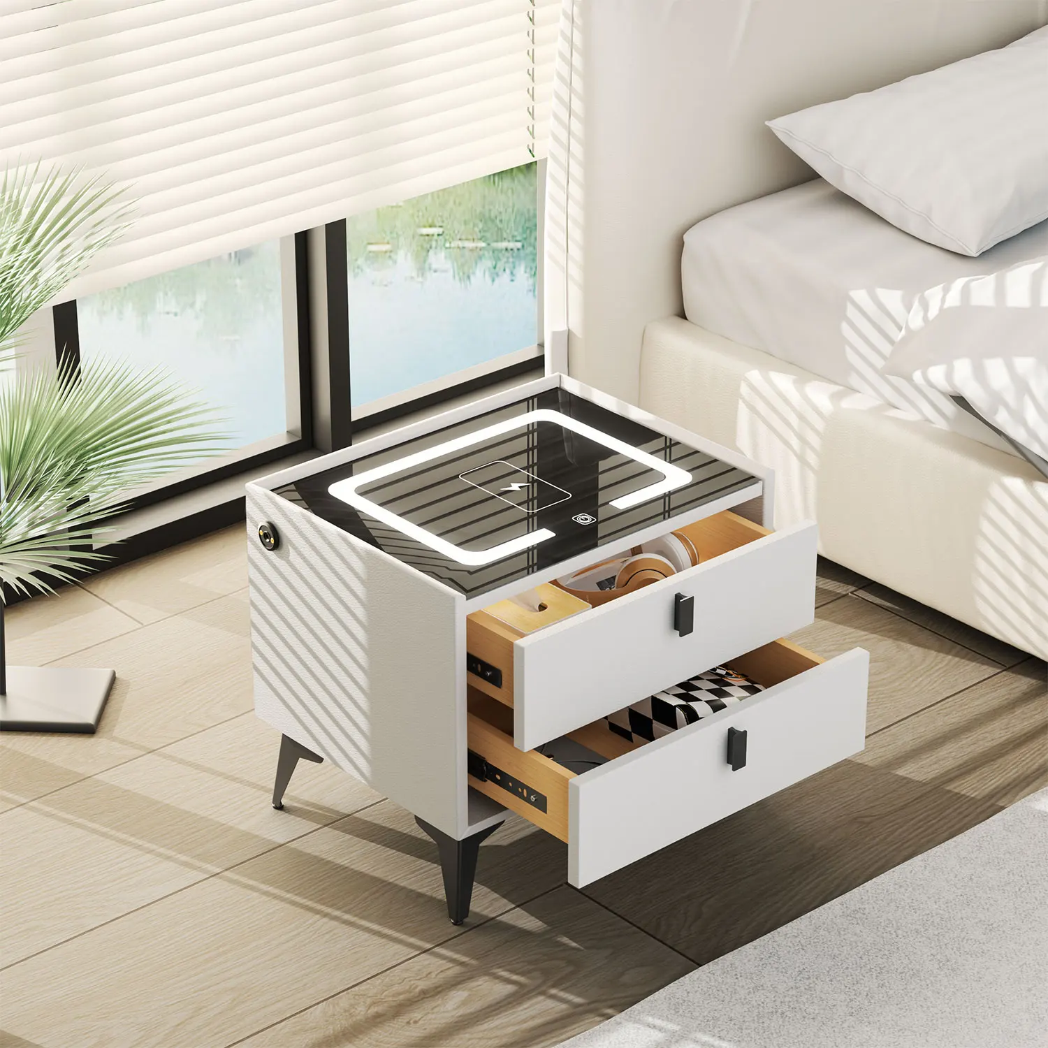 Nachttisch, Schlafzimmer-Nachttisch mit 2 Schubladen, Wohnzimmer-/Schlafsaal-Nachttisch, Schwarz und Weiß / Schwarz und Grau