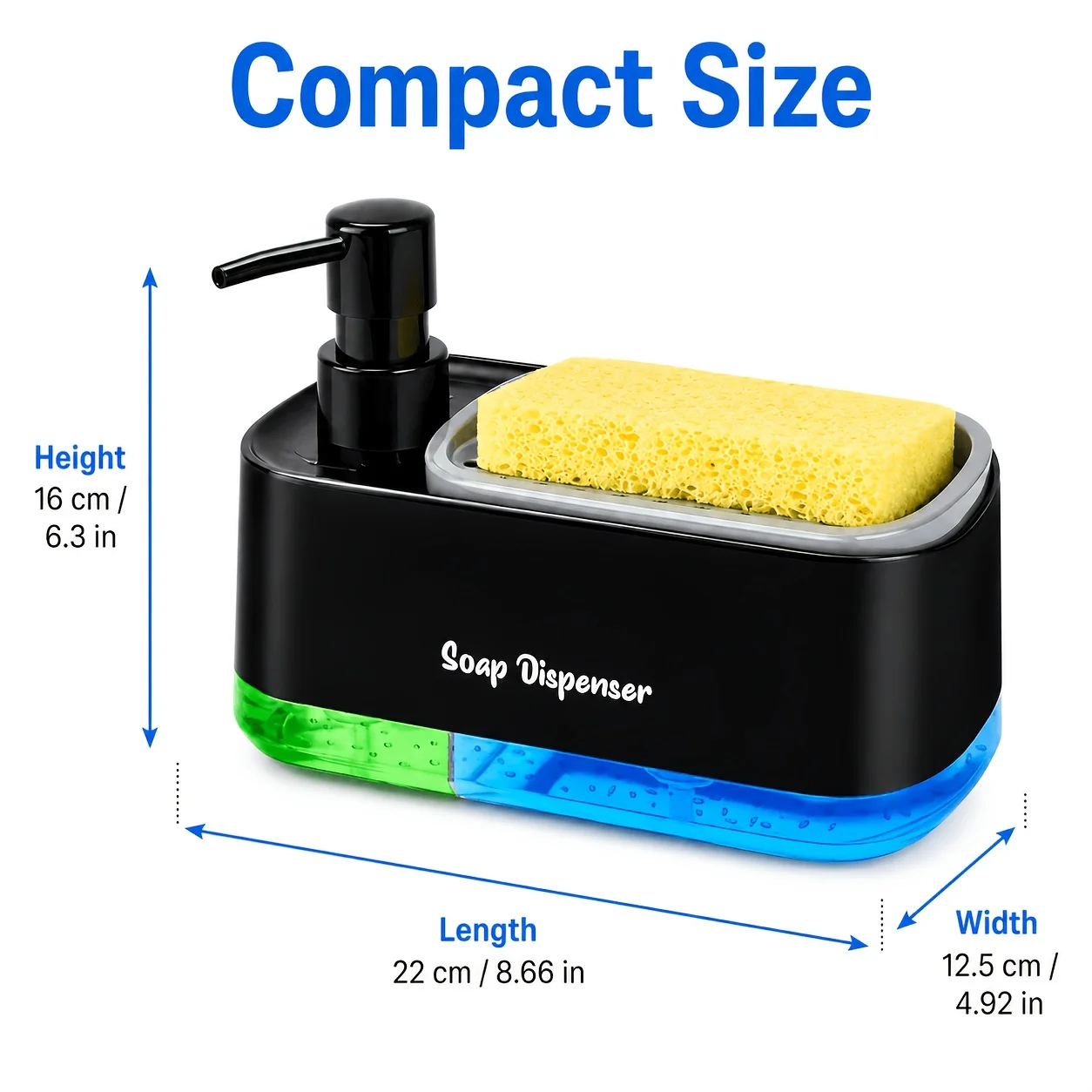 1 multifunctional kitchen soap dispenser, comes with 2 sponges - easy to refill, BPA-free, lightweight square design, suitable for sinks, includes dish brush holder, hand wash only, transparent liquid container with black pump