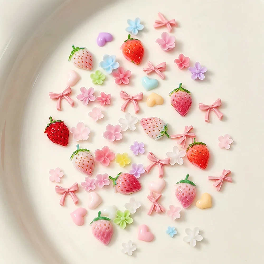 Kawaii Mixed 3D Sweet Strawberry Mini Bow Heart Flowers Nail Charms Box Cute Sweet Fruit Florets Studs DIY Manicure Accessories