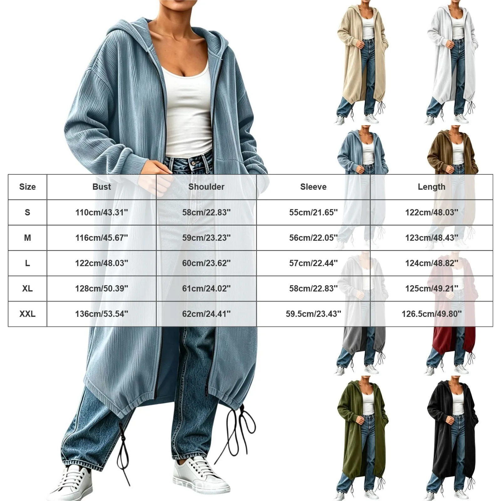 Women's Textured Long Zip Up Hoodie Jacket Casual Sweatshirt Vertical Extended Layer Layer Cool Weather Streetwear Zip up Hoodie