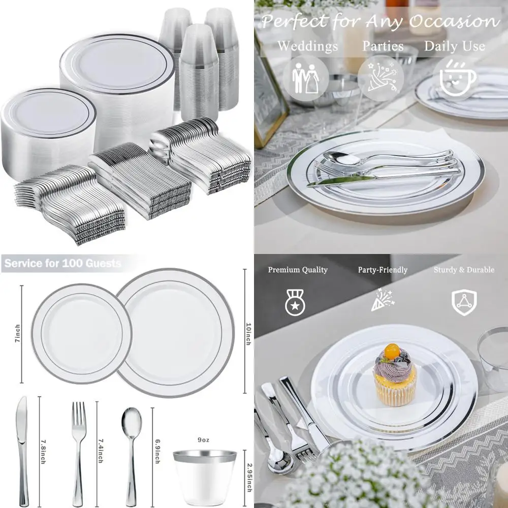 

Серебряный одноразовый пластиковый набор посуды — 600 предметов, включая 100 обеденных тарелок, десертных тарелок, чашки, ложки для элегантного дини