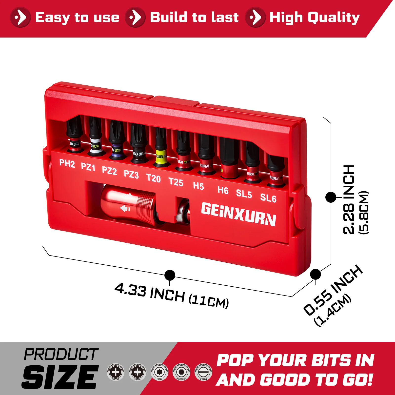 GEINXURN Access All-in-One 11PCS ULTRA TORQUE Bit Set  S2 Steel for DIY & Repair, PH PZ T H SL SQ Bits Included