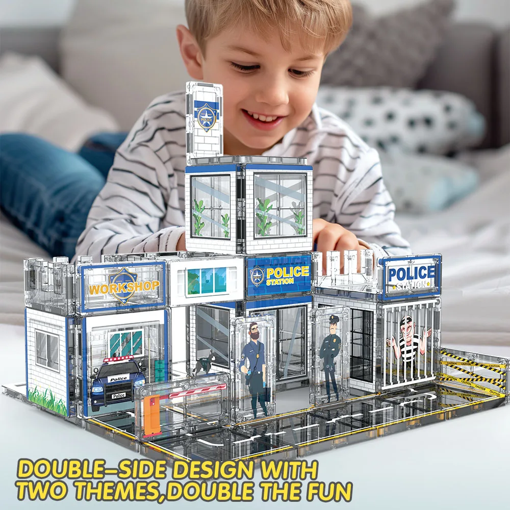 Magnetic Tiles Police Station Theme Building Blocks Kids Boys Girls Montessori STEM Educational Construction Toys for Ages 3+