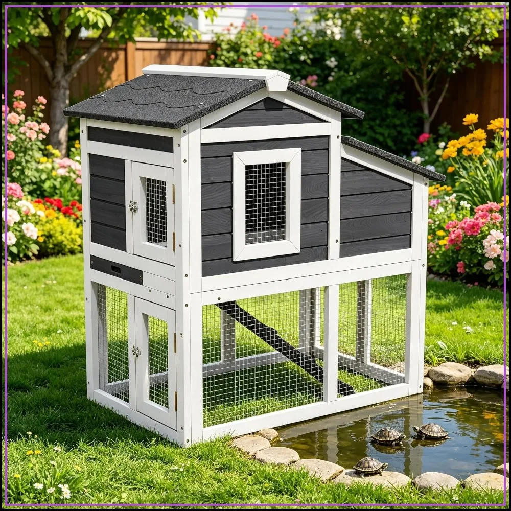 Wooden Tortoise Habitat Indoor Outdoor Enclosure with Waterproof Roof Nesting Box Removable Tray