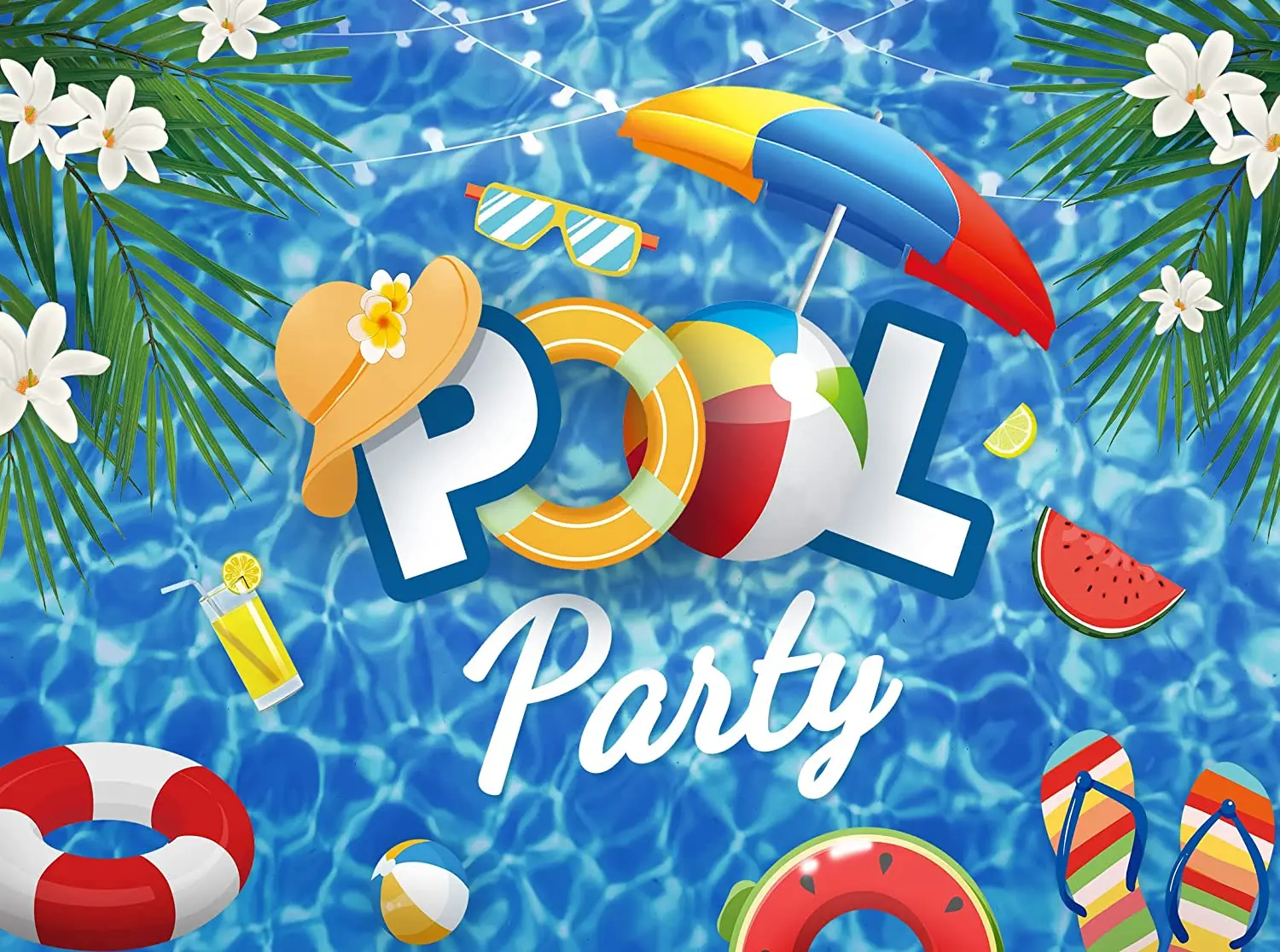 Pool Party Backdrop Summer Swimming Balls Lifebuoy Water Wave Ripple Hawaiian Background Kids Boy Girl Birthday Cake Table Decor