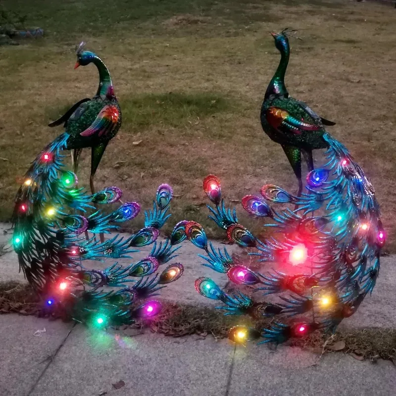 1PC NEW Solar Lights Peacock Statues Garden Decoration Outdoor Lamp Hollow Figurine Path Lawn Metal Sculpture Decor With Lights