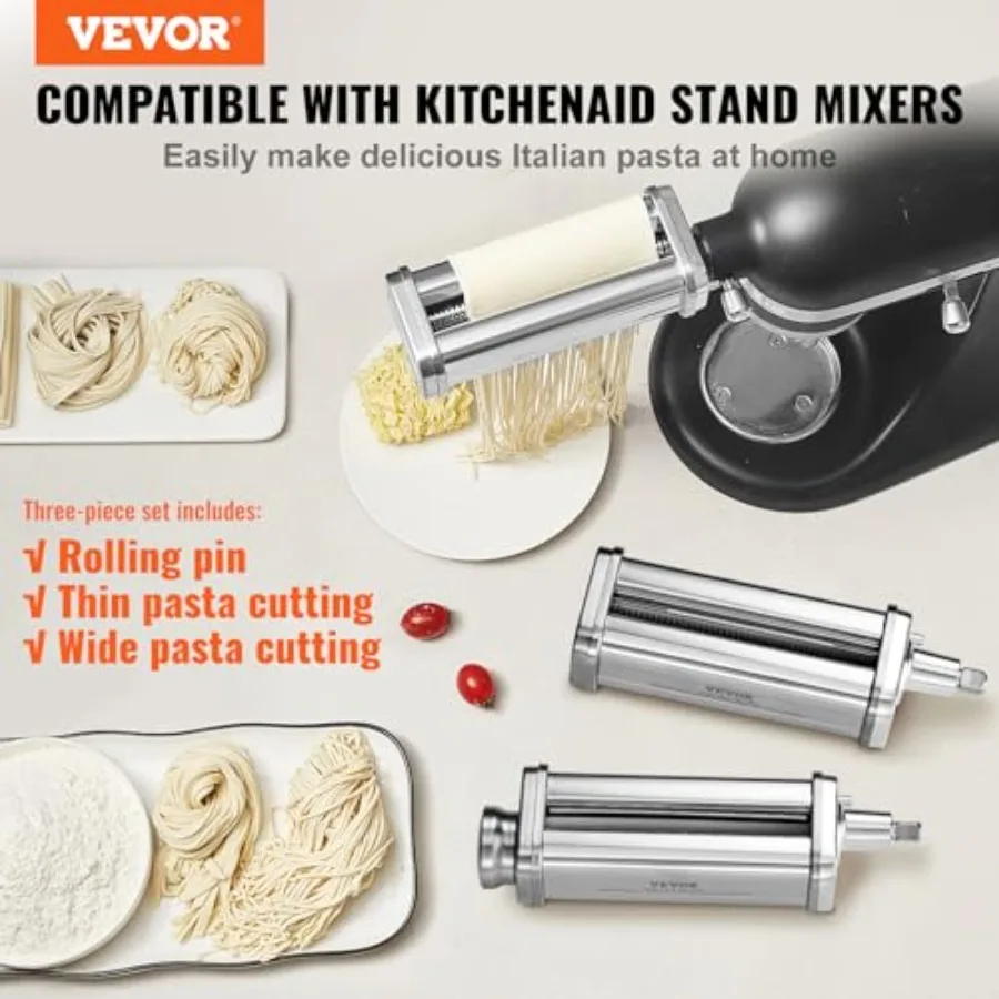 Pasta Attachment for KitchenAid Stand Mixer, Stainl Steel Pasta Maker Attachment Includes Pasta Sheet Roller, Spaghetti Cutter,