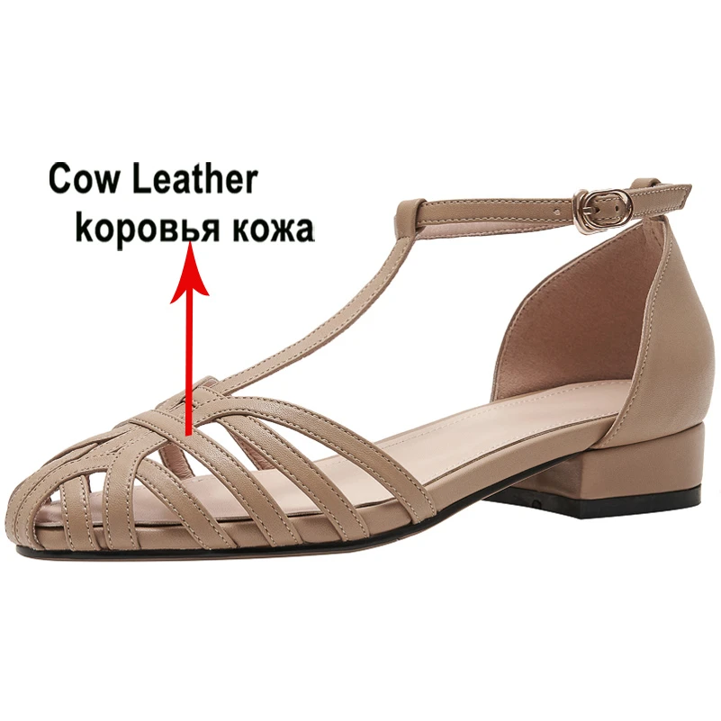 Meotina Women Genuine Leather Gladiator Shoes Super Low Heel Summer Sandals Thick Heels Buckle T-Strap Ladies Footwear Apricot