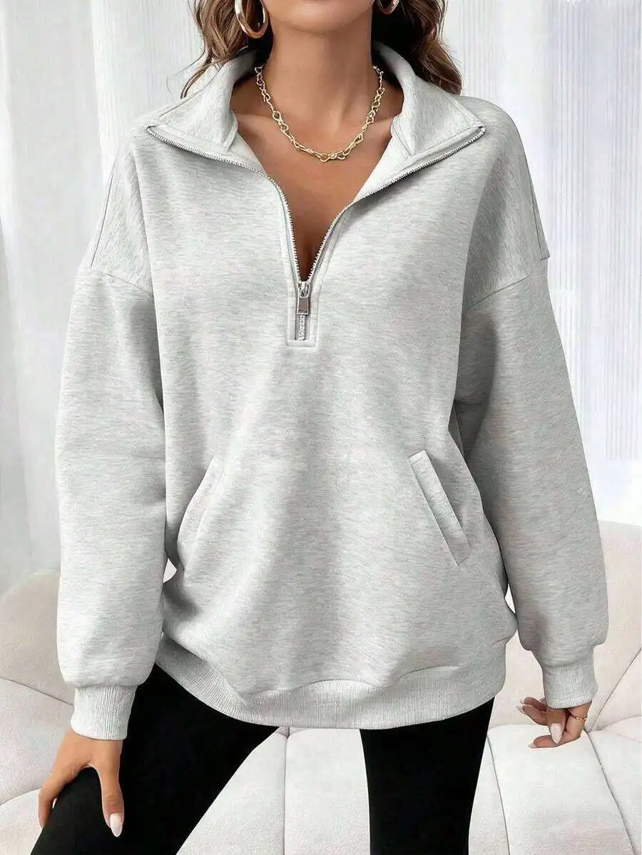 

Womens Gray Half-Zip Drop Shoulder Sweatshirt With Pocket Casual Pullover