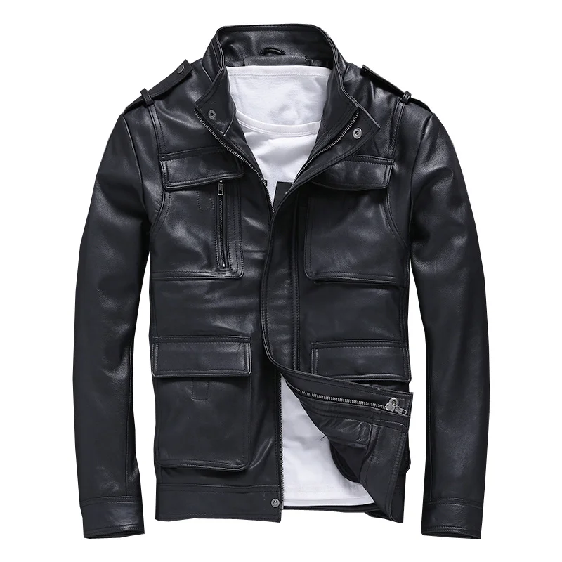 shipping.Plus size Brand Free classic pockets goatskin slim Jacket,men's genuine Leather safari style jacket.warm Detachable