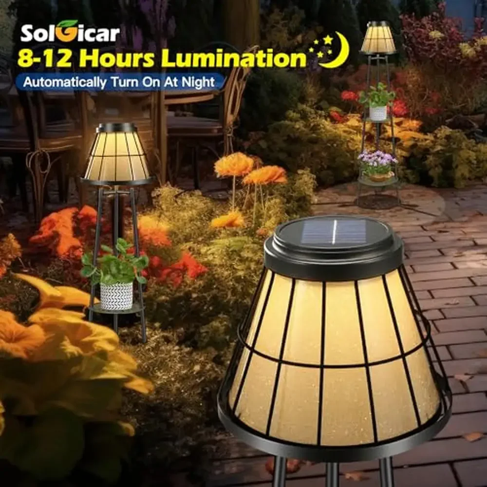 Metal Outdoor Solar Floor Lamps 2 Pack with Double Plant Shelves Waterproof Solar Lantern Lights Patio Garden Yard Swimming Pool