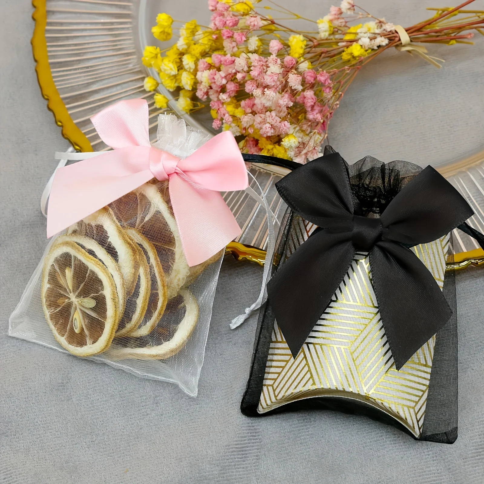 10 Stück Polyester transparente Hartgarn-Schmuckbeutel, Kordelzugbeutel, geeignet für Hochzeitsgeschenktüten – Party-Geschenktüten – Detail 1