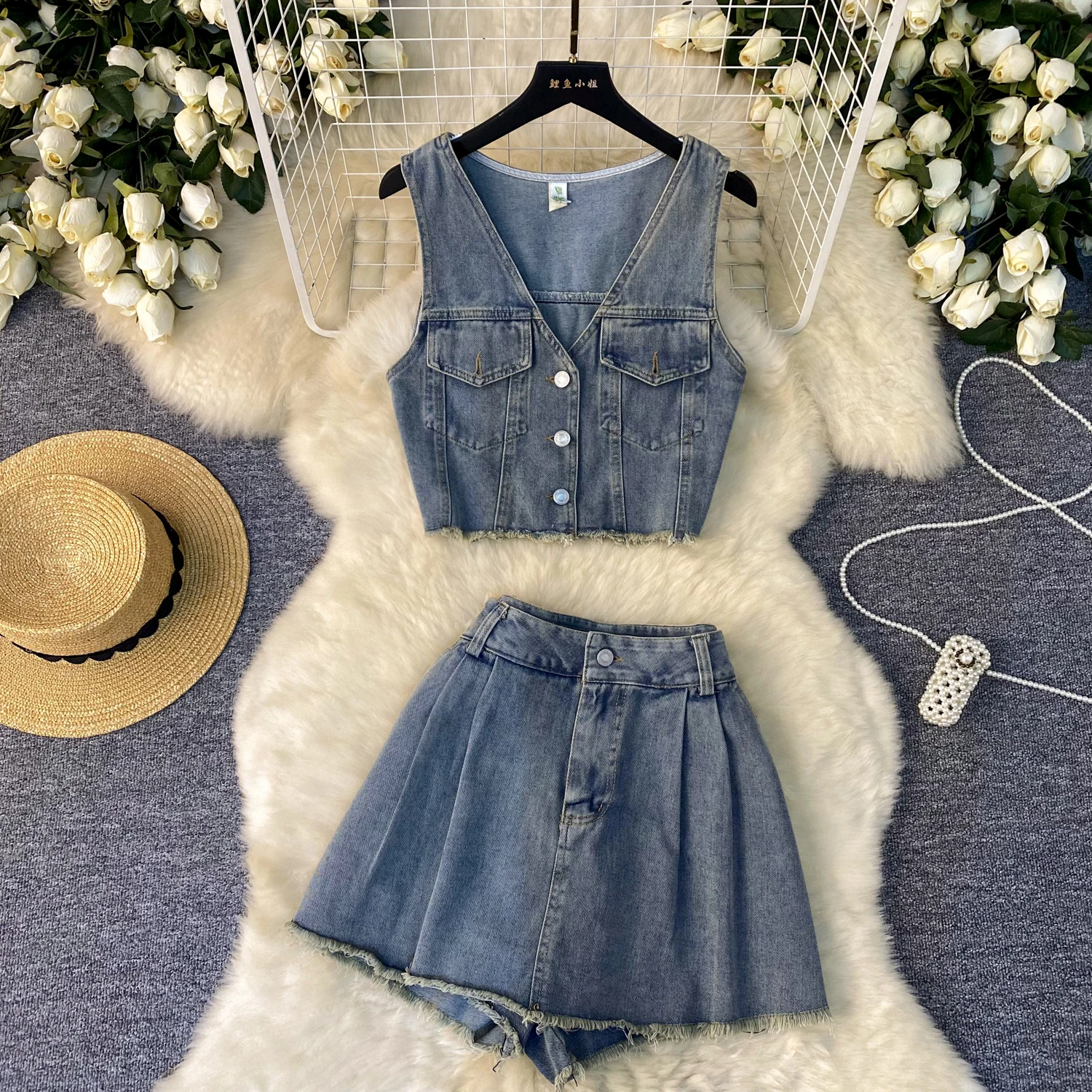 Vintage Distressed Ruffled Denim Two Piece Shorts Suit For Women's Summer Autumn Sleeveless Vest +High Waisted Skirt